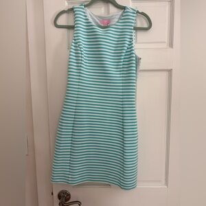 Lilly Pulitzer Aqua and White Striped Sleeveless Sheath Dress
